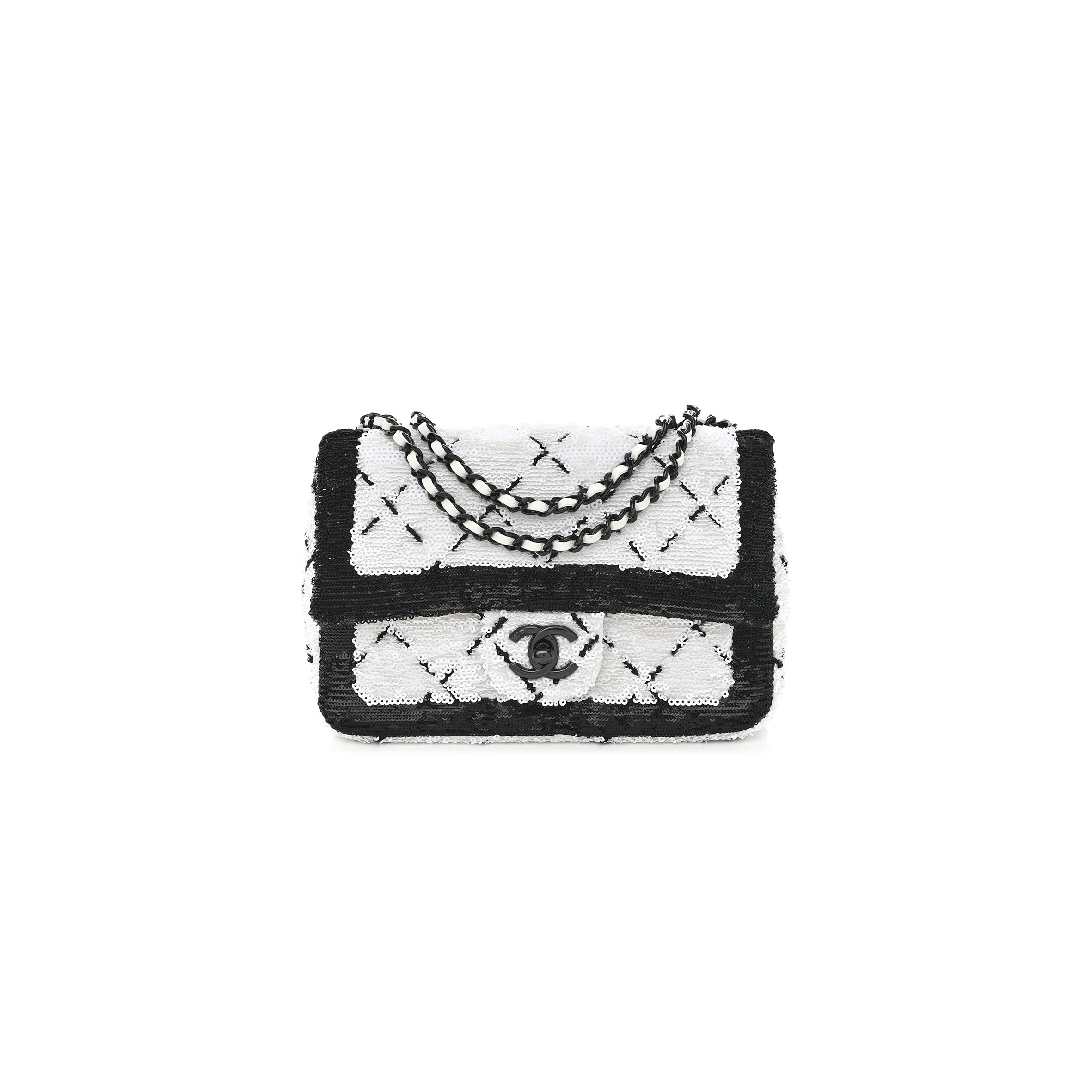 CHANEL SEQUIN CC SMALL SINGLE FLAP WHITE BLACK 1468914 (20*13*6cm)